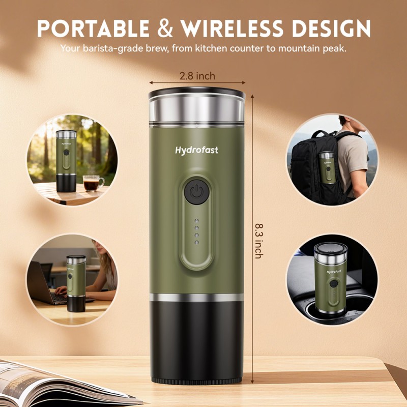 Hydrofast PO-100 Portable Espresso Maker  15-Bar Pressure  7800mAh Battery  2-in-1 Capsule 
