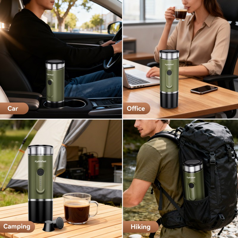 Hydrofast PO-100 Portable Espresso Maker  15-Bar Pressure  7800mAh Battery  2-in-1 Capsule 