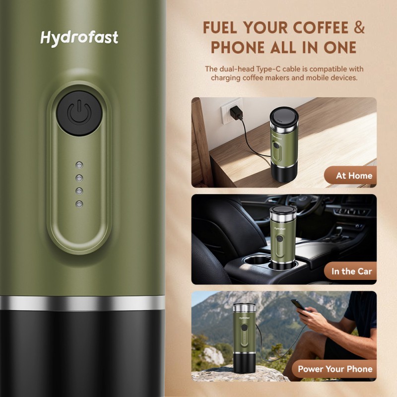 Hydrofast PO-100 Portable Espresso Maker  15-Bar Pressure  7800mAh Battery  2-in-1 Capsule 