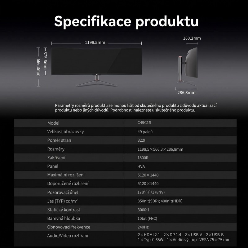 Herní monitor TITAN ARMY C49C1S, 49palcový prohnutý displej 1800R Fast VA, rozlišení 5120×1440 Dual QHD, obnovovací frekvence 24