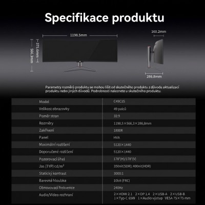 Herní monitor TITAN ARMY C49C1S, 49palcový prohnutý displej 1800R Fast VA, rozlišení 5120×1440 Dual QHD, obnovovací frekvence 24
