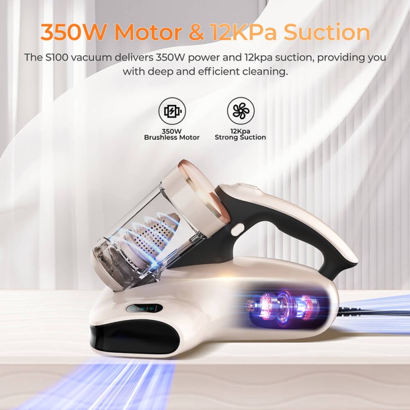 JIGOO S100 Smart Dual-Cup Mattress Vacuum Cleaner with 350W Power and 12KPa Suction