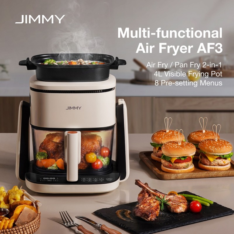 JIMMY AF3 Horkovzdušná fritéza 2v1, 4l viditelná nádoba na smažení, dotykový displej – béžová