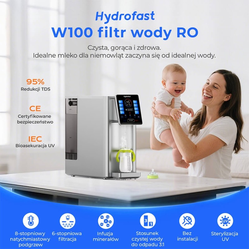 Domácí stolní RO filtr na vodu Hydrofast W100 4L, 8 teplotních stupňů, 6stupňový filtrační systém